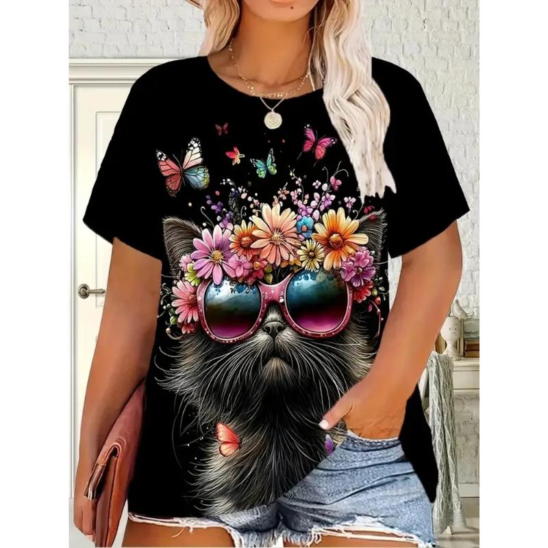 Fashion Women's Crew Neck Short Sleeve 3D Animal Color Printing Animal Short Sleeve Crew Neck T-Shirt