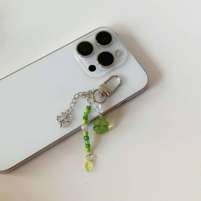 Sweet Grass Leaf Bead Charm Pendant Chain Phone Strap Pocket Keychain Strap Hangings Decoration for Key Bag Purse