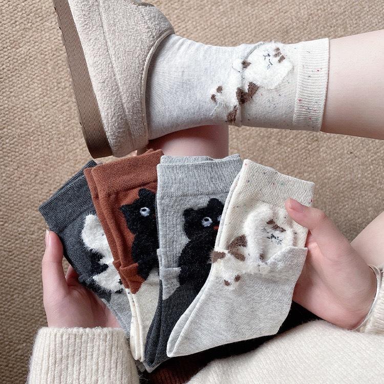 Roliga Tecknade Kattstrumpor Dam Höst och Vinter Tjock Bomull Mellanlånga Strumpor Varma Mysiga Sovande Hem Golv Djurmönstrade Strumpor
