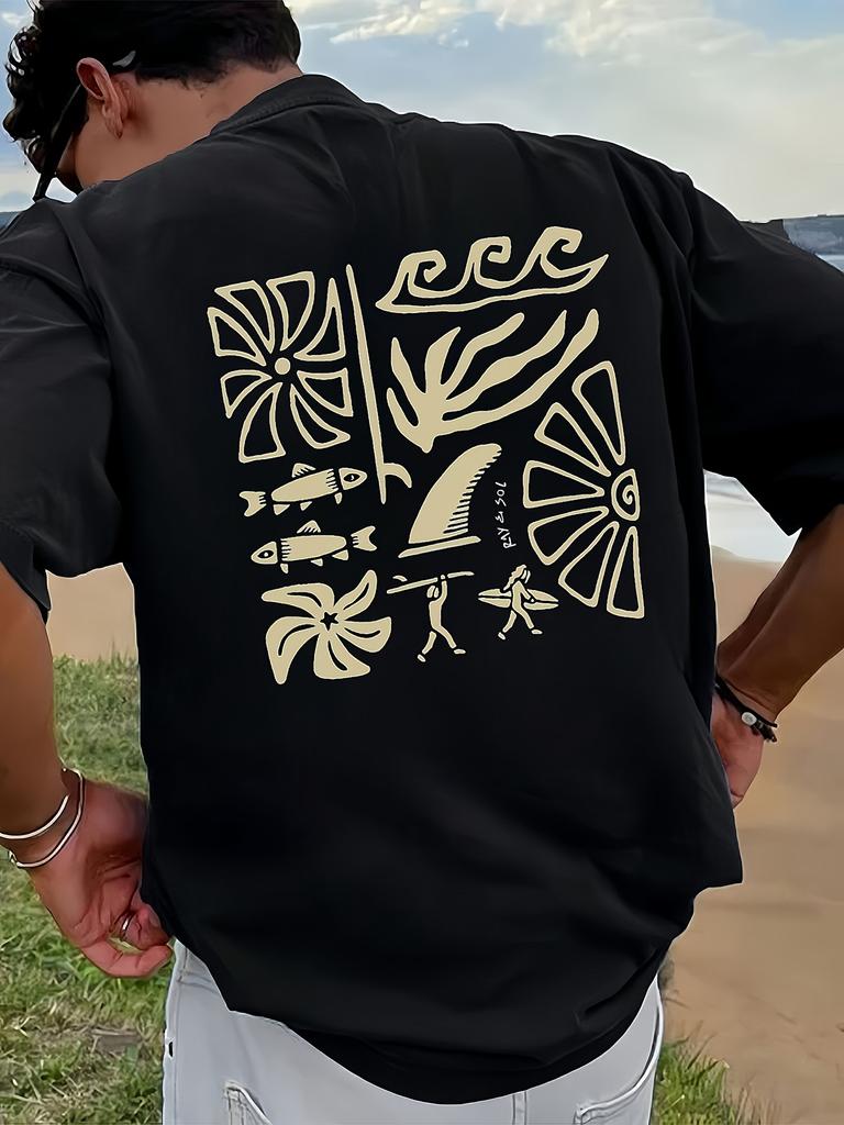 Unisex Surf Graphic TShirt Black Yellow Tropical Beach Design Resort Short Sleeve Top Round Neck Top Unisex Clothing