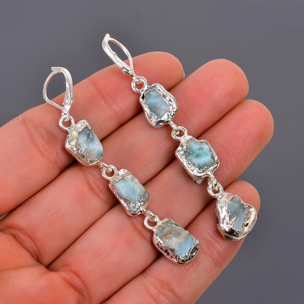 Larimar Stone Silver Plated Anniversary Electroformed Dangle Wife Gift Earrings V-101