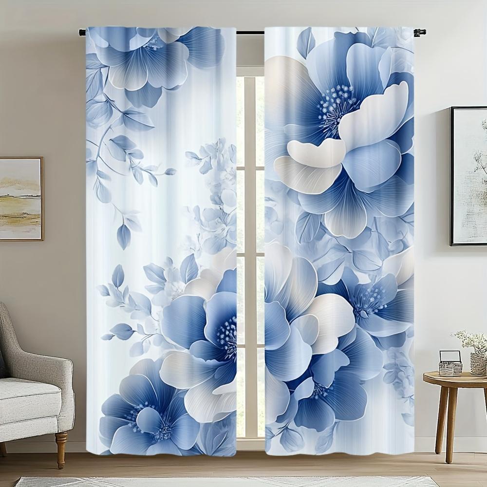 2 Panels Blue and White Floral Print Door Curtains - Polyester Fabric for Living Room, Kitchen, Office, Bedroom