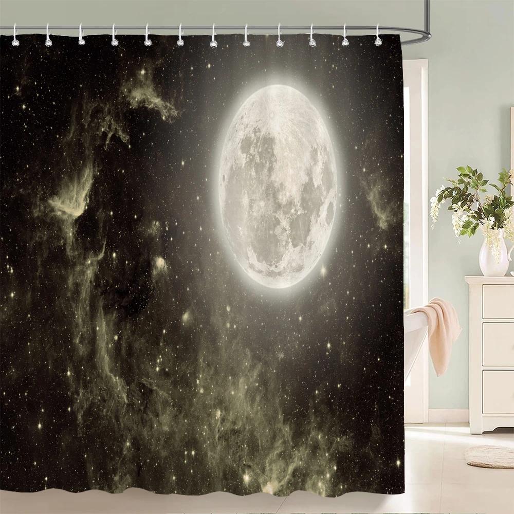 Night Moon Starry Sky Universe Fabric Shower Curtain Bathroom Curtains Moon Earth Waterproof Polyester Bath Screen with 12 Hooks