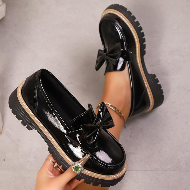 Korean Pu Bowknot Loafers Shoes for Women Spring Autumn Solid Plus Size Women's Loafers Casual Round Toe Shoes Female