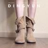 Soft leather version~ New fashionable niche design sense inner height increase western boots women's belt buckle two wear matte leather short boots