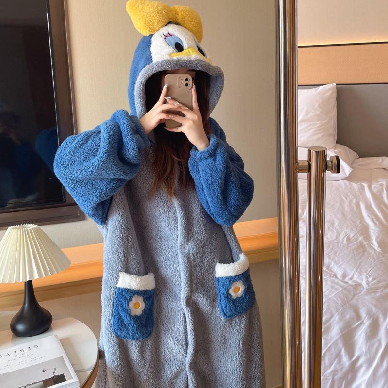 

Женский зимний халат из кораллового флиса - милая пижама с дизайном утки, на подкладке и утепленная для домашней одежды осень/зима. One Size (80-150 jin)