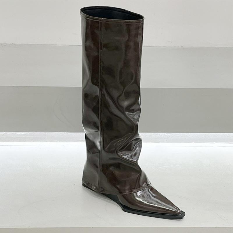 

Европейский и американский стиль Spice Girls! Сапоги Женские сапоги Высокие сапоги, но до колена Узкие черные лакированные кожаные брюки с острым каблуком-танкеткой Сапоги 39 темно-коричневого