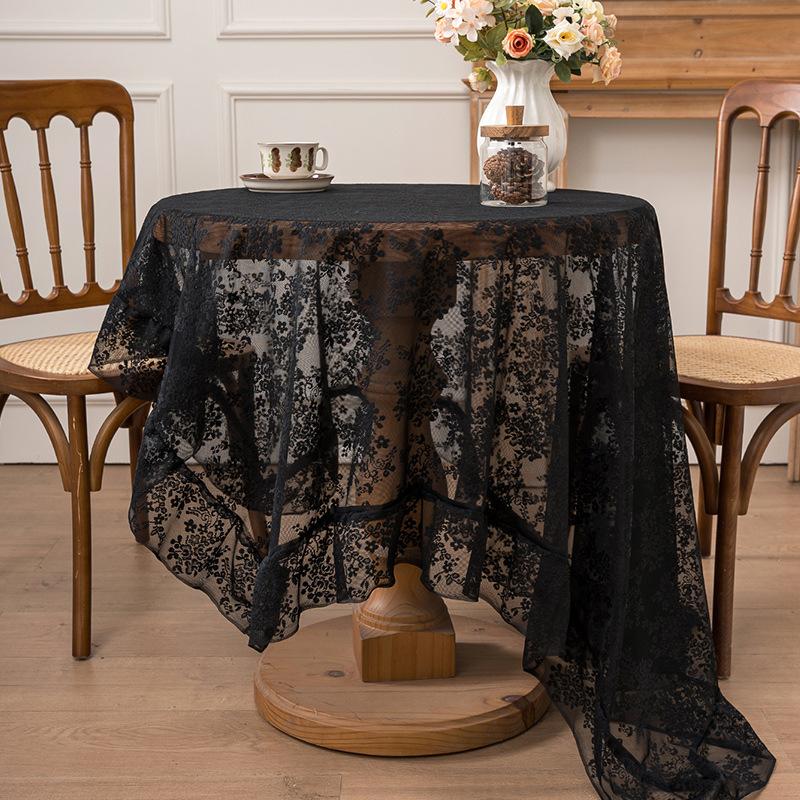 Vintage Zwart Kant Tafelkleed Elegant Geborduurd Bloemig Tafelkleed Romantisch Tafelkleed voor Bruiloft Feest Tuin Huis Eetkamer 140x180cm