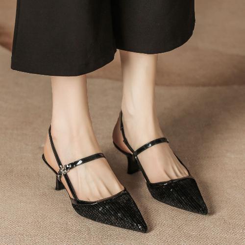 Summer Women High Heel Sandals H963-1 Black Semi Covered Toe Stiletto Pearl Accent Lambskin Insole Shoes