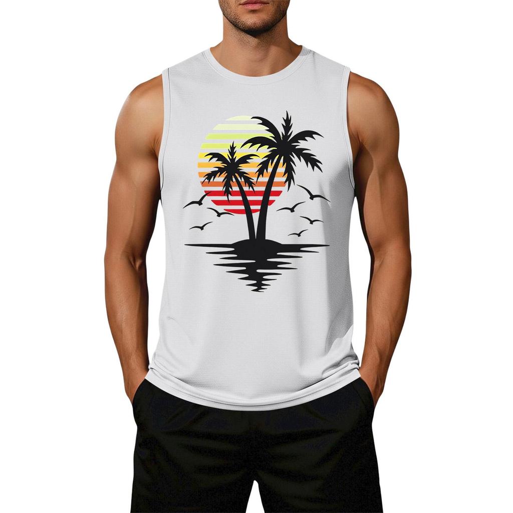 Men's Loose Fit Casual Sleeveless Tank Top Palm Tree Graphic Print Summer Beachwear Muscle Shirt