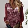 Herbst Frühling Frauen Top Glänzende Pailletten V-ausschnitt Langarm Patchwork Lose Pullover Weiche Atmungsaktive Mittellange Dame Pendeln Hemd bluse