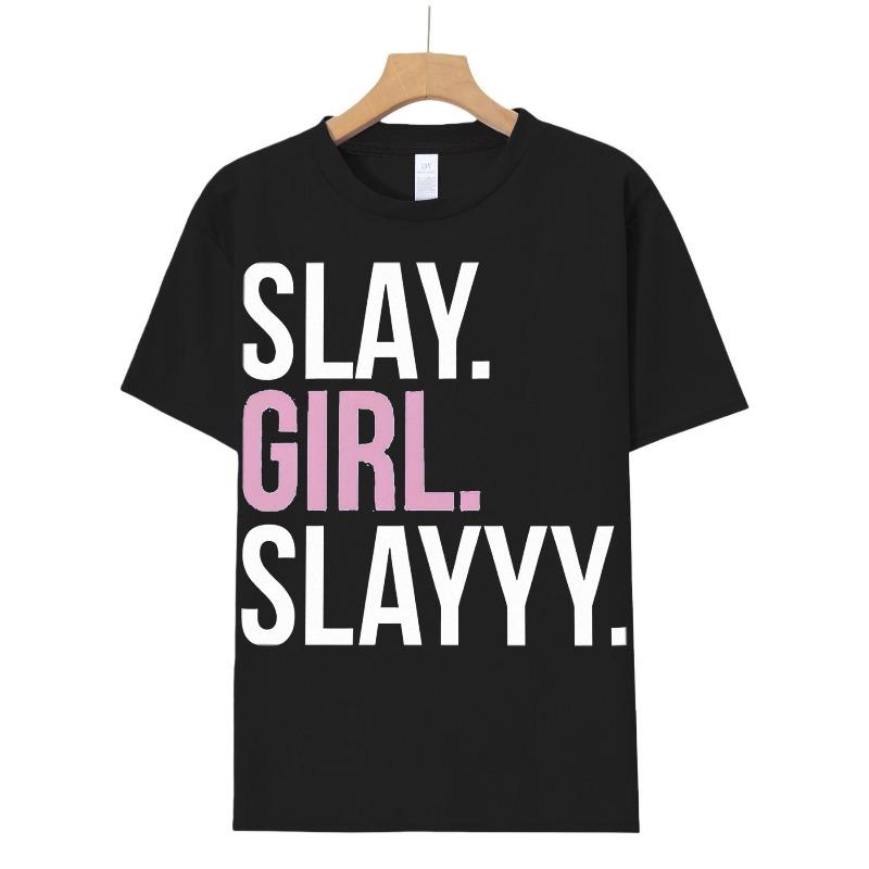 

European sizes SLAY GIRL SLAYYY Fashion Street Style Pattern T-Shirt - Casual Crew Neck Black Short Sleeve, Minimalist Graphic Design 98cm