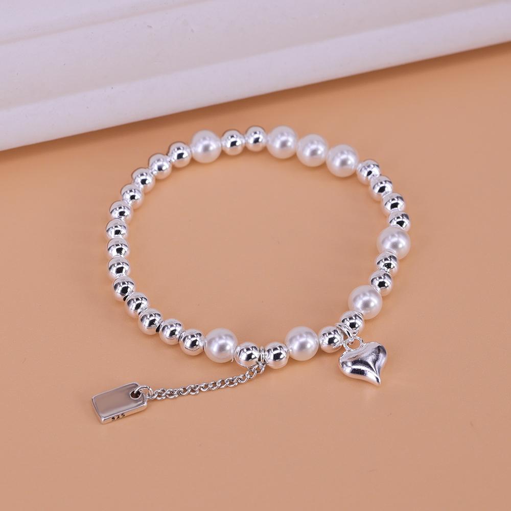 VENTFILLE 925 Sterling Silver Star Love Heart Pendant Round Bead Pearl Bracelet For Girls Sweet Romantic Style Gifts For Lovers