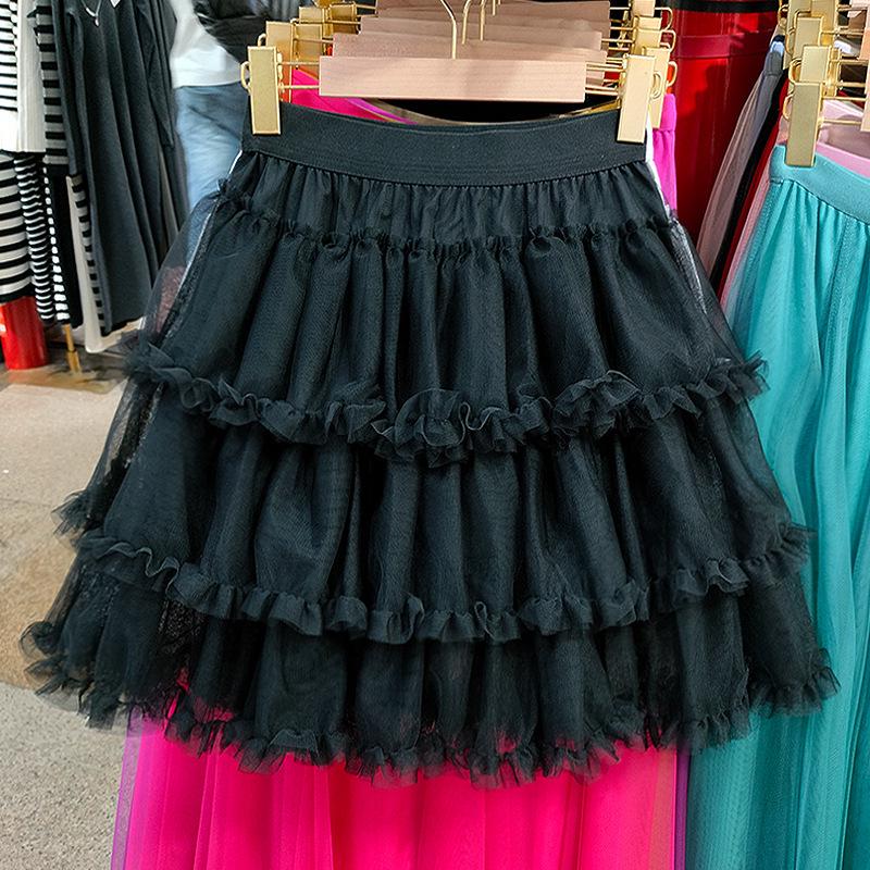 Women's High-Waist Ruffled A-Line Skirt with Mesh Overlay and Safety Lining
