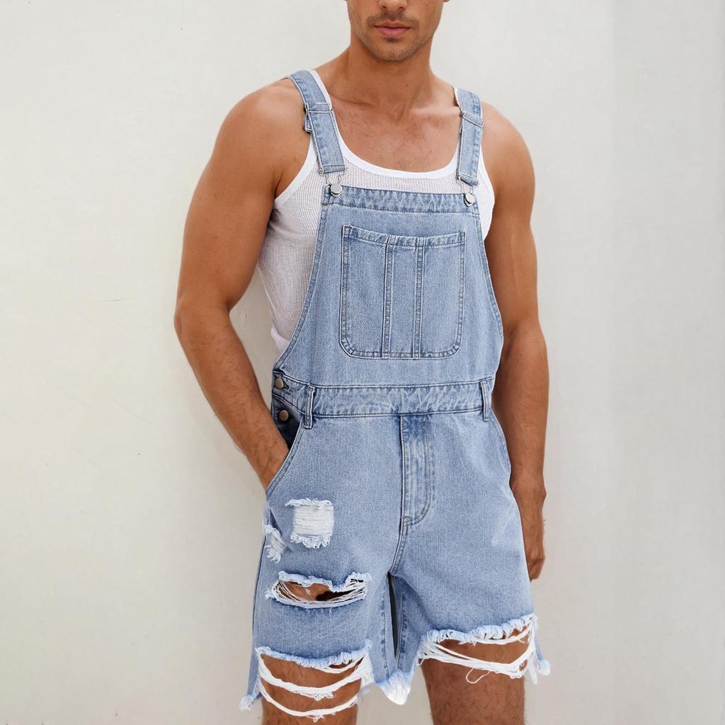 Men's Fashion Solid V-Neck Button Pocket Wash Water Denim Adjustable Short Strap Jumpsuit