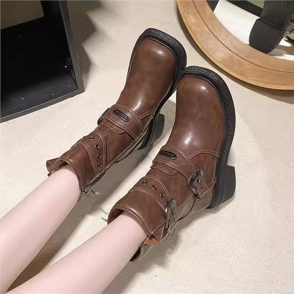 Knight boots women's autumn and winter new square head thick-soled belt buckle side zipper thick heel versatile boots