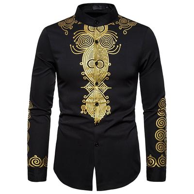 Men Baroque Print Button Front Shirt Long Sleeve Stand Collar Casual Fashion Men Shirt