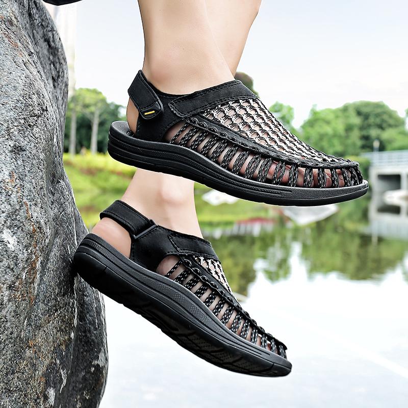 Men Outdoor Hiking Sandals Handmade Summer Black Roman Sandals Wide Beach Water Shoes Plus Size