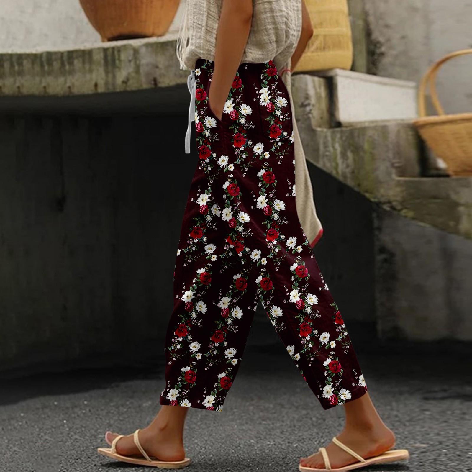 

Женские повседневные модные эластичные повседневные брюки с цветочным принтом XL винный