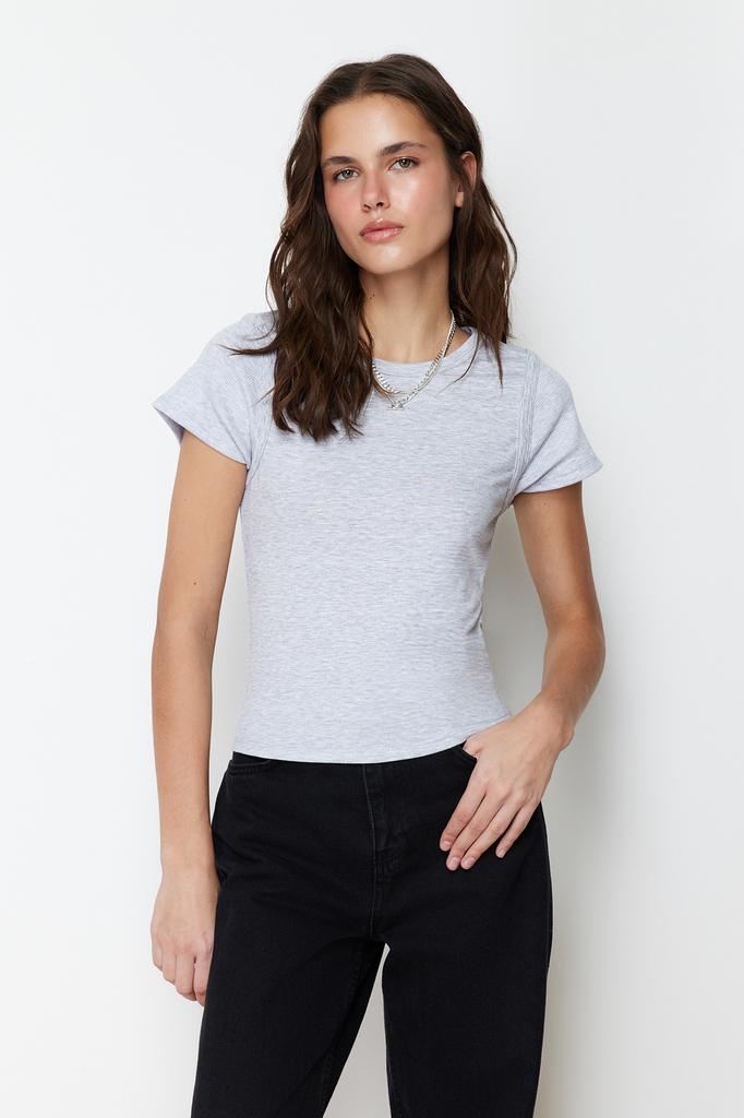 Women's Fashion Blouse Crew Neck Short Black Backless Tie Detailed Ribbed Flexible Knitted Blouse