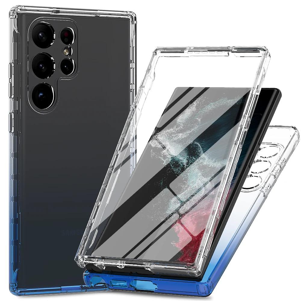 PET Front Screen Protector Phone Case For Samsung Galaxy S23 S24 S25 Ultra S22Plus Hard Plastic Frame Transparent TPU Back Cover