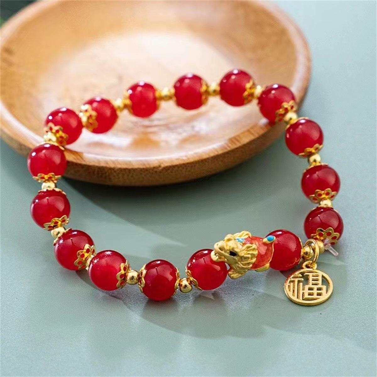 Lucky Nafu Imitation Jade Dragon Bracelets For Women Red Green Natural Stone Beaded Animal Bracelet Chinese New Year Jewelry