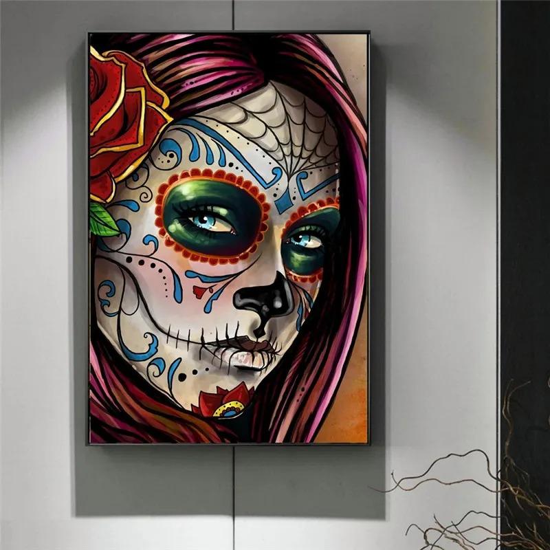 Abstract Tattoo Skull Woman Face Canvas Wall Art Painting On Wall Decor Poster And Prints Picture Cuadros For Home Living Room