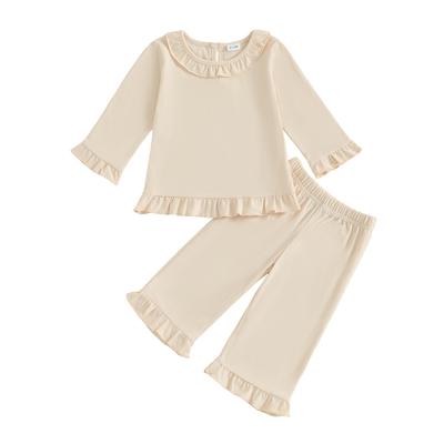 Toddler Girl Fall Outfits Solid Color Long Sleeve Ruffled Round Neck Tops Elastic Waist Long Pants 2 Pcs Set