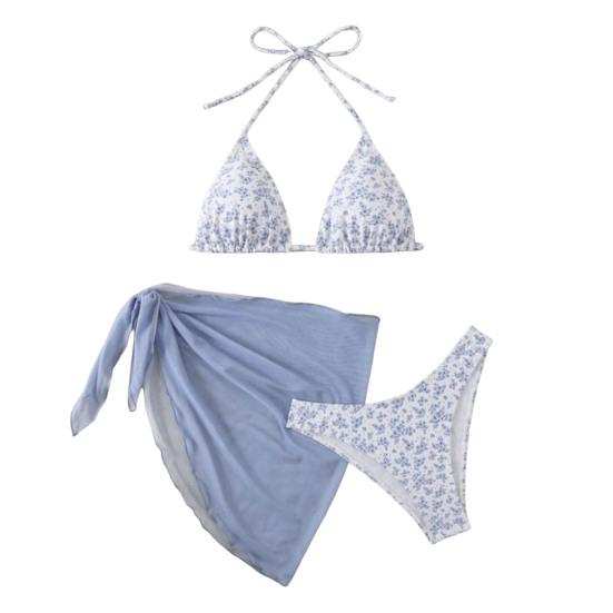 3-tlg./Set Damen Blumenmuster Bikini-Set Neckholder Gepolstert Ohne Bügel BH Schnelltrocknend Badehose Unifarben Überwurf Rock Set Sommer Strandmode