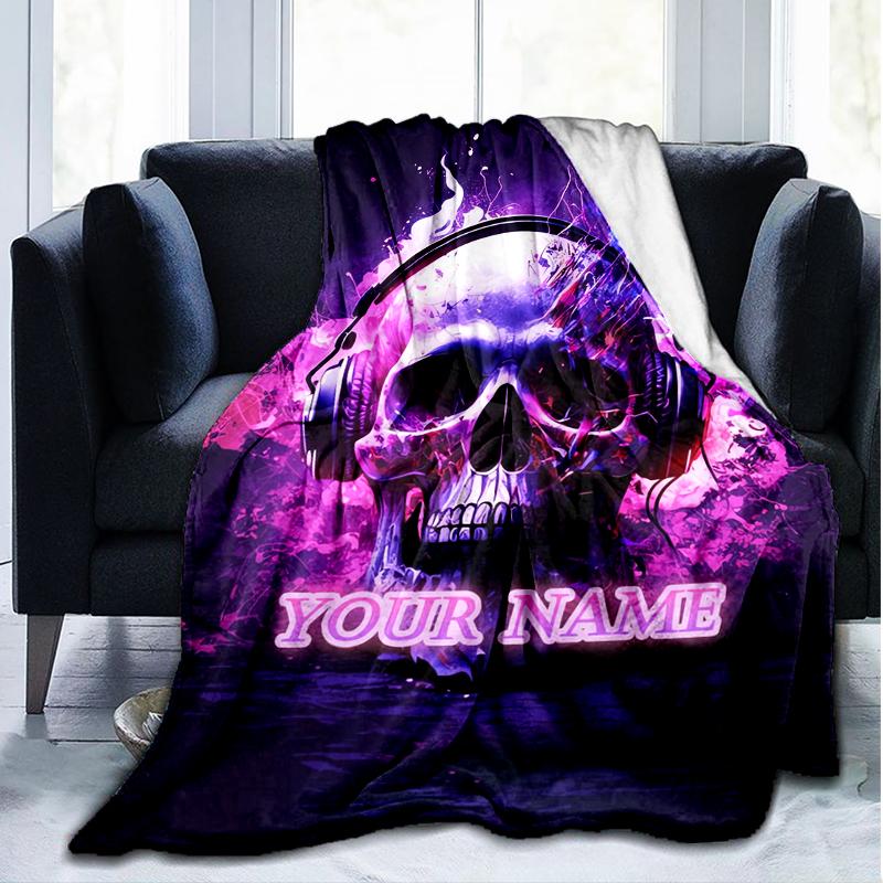 1PC Custom Name Skull Headphones Artwork outdooor Flannel blankets Patterns Throw Blanket All-Season Soft Gift for Couch, Bed, Camping gifts