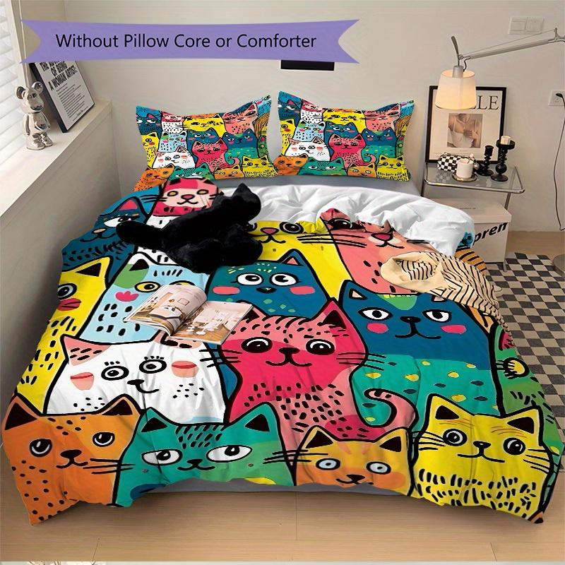 3Pcs Colorful Cats Printed Bedding Set, Breathable And Soft,(Includes 1 Duvet Cover And 2 Pillowcases, Quilt Not Included) yy250815146