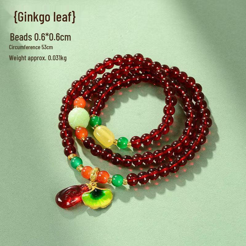 Faux Garnet Multi-Strand Pixiu Ginkgo Magnolia Cloisonné Bracelet - Hot Seller