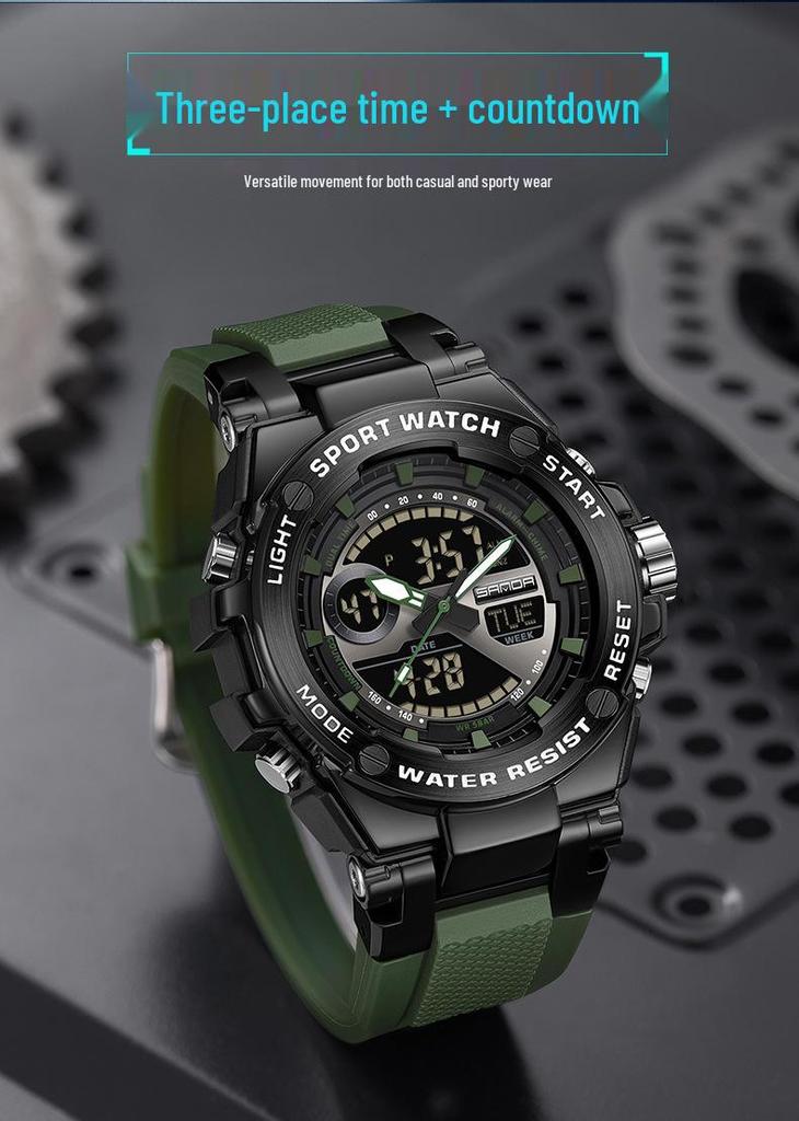 Sanda Dual-Display Leuchtende Wasserdichte Schüleruhr mit 3 Zeitzonen.