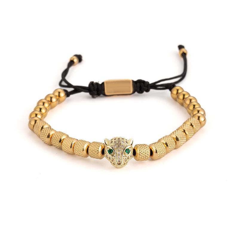 Men's Punk Braided Titanium Steel Bracelet with Leopard Head, Zircon, and Pineapple Beads.