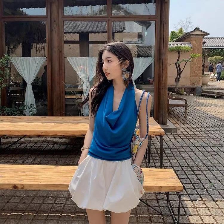 #Summer Korean Version Swinging Collar Neck Sling Vest Women's Sleeveless Slim Slim Backless Integrated with Chest Pad
