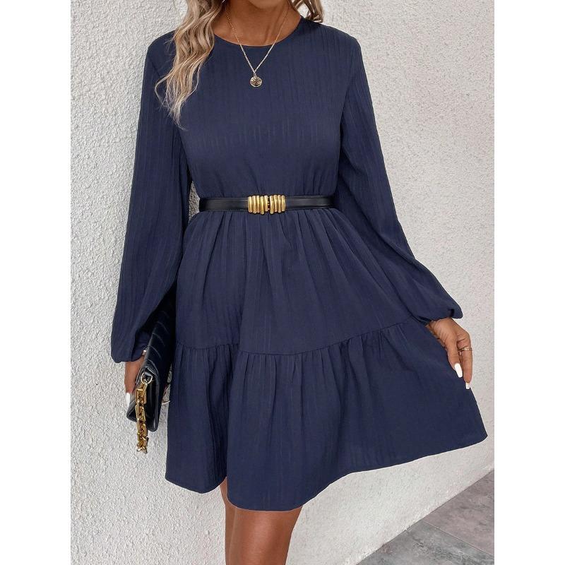 Autumn Simple and Fashionable New Long-sleeved Pure Round Neck Flowing Loose Dress