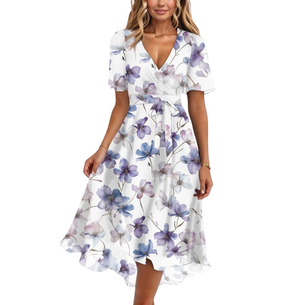 Damen Sommer Blumenmuster Lässig Wickel V-Ausschnitt Rüschen Kapuze Kurze Ärmel Gürtel A-Linie Rüschensaum Midi Sommerkleid