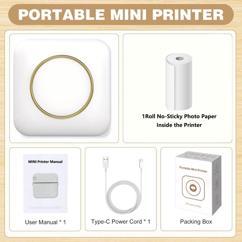 Mini Pocket Printer, Portable Inkless Thermal Printer, Compatible with Android & iOS, USB Charging, Rechargeable Lithium Battery