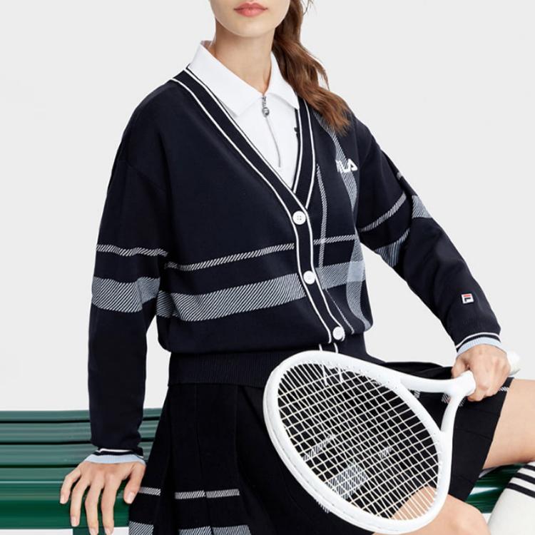 Fila 2023 Autumn New Woven Plaid College Style Pure Cotton Loose V-Neck A-Line Cardigan Tennis Sports Top Knitted Sweater Women Tops A11W333404F-ZA
