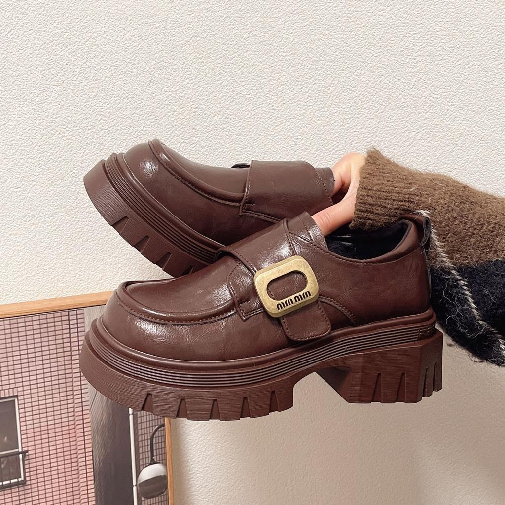 Platform-soled Versatile Loafers Women's 2025, Autumn New Models, Thick Heels, Foreign Style, Small Leather Shoes, Velcro High Heels, Single Shoes