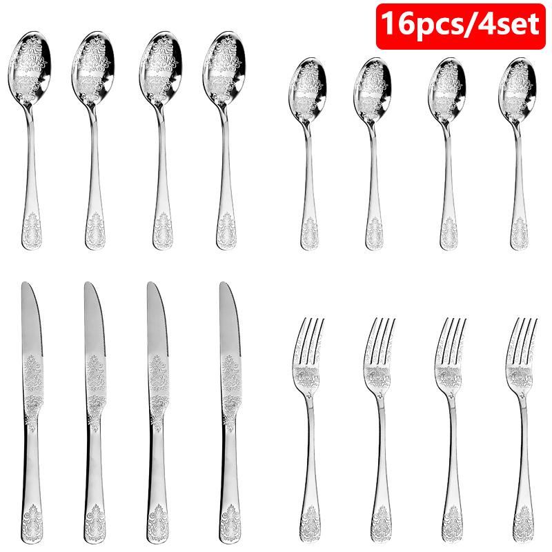 16/24Pcs Silverware Set,304 Stainless Steel Gold Cutlery Kit Mirror Polished Flatware Sets Vintage Carved Utensils Set Tableware