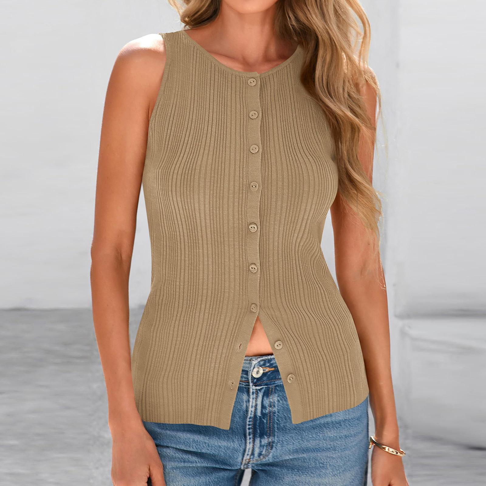 

Женская Мода Повседневный Однотонный Сексуальный Безрукавный Топ-Футболка с Пуговицами L