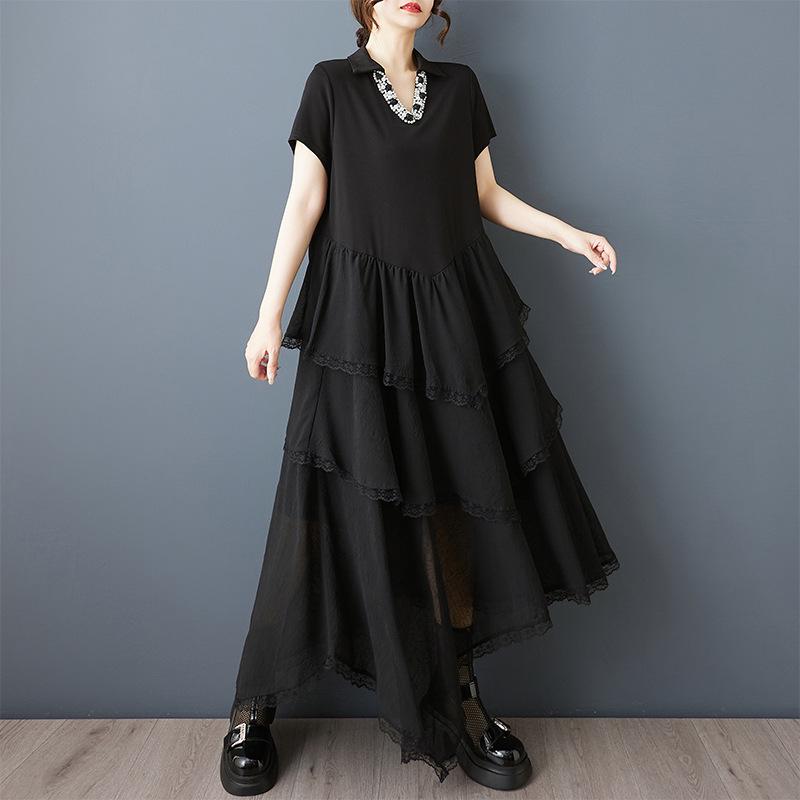 

Summer V-Neck Irregular Chiffon Dress with Dark Design and Unique Craftsmanship Plus Size чёрный