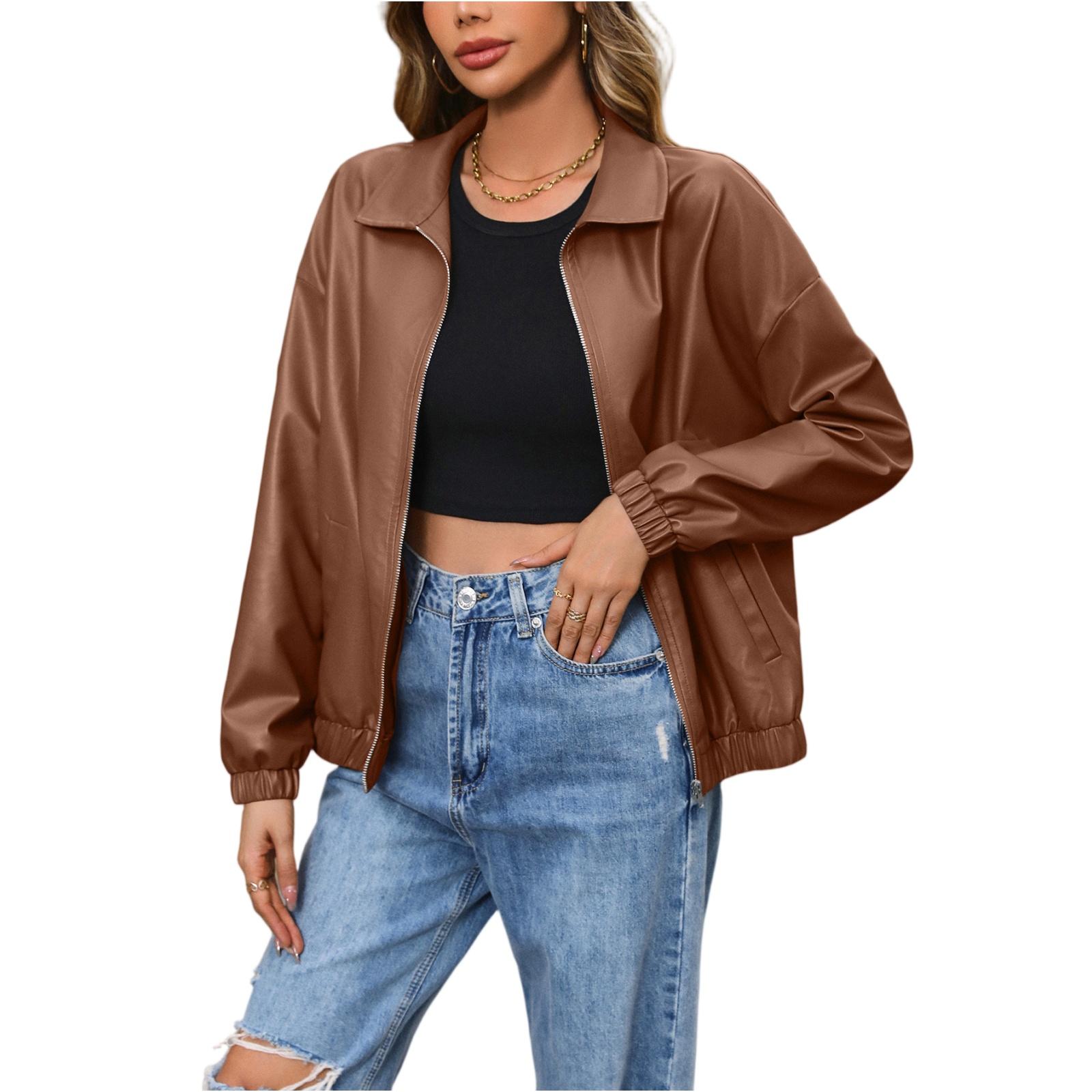 

Женская повседневная куртка из ПУ кожи для мотоциклистов, однотонная, с длинным рукавом S коричневый
