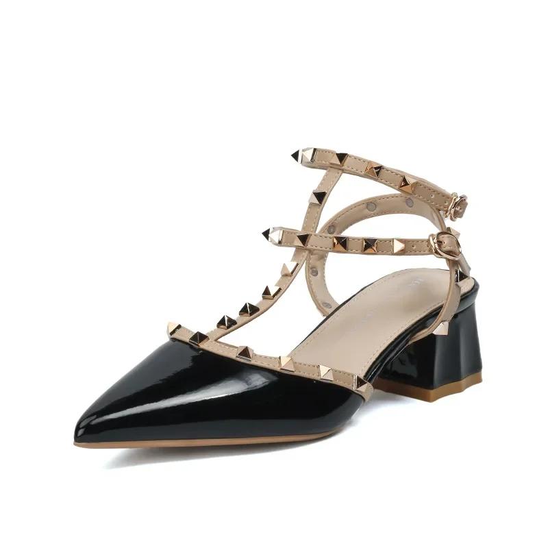 Women's Thick Heeled Sandals Summer New European and American Fashion Roman Pointed Rivet Sandals Women High Heels Buckle Strap