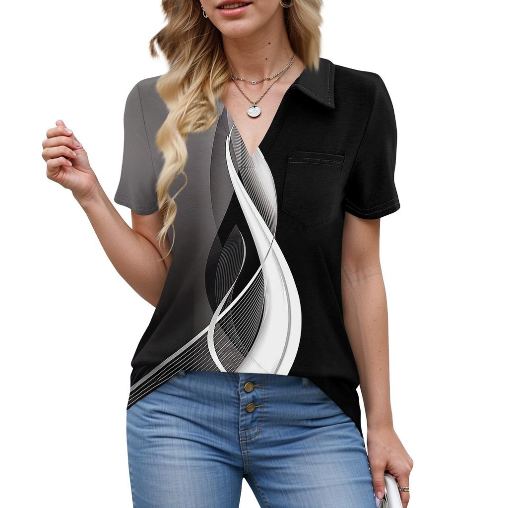 Damen Bluse Sommer Business Casual Arbeitstops Kurzarm Button-Down-Kragen V-Ausschnitt Bluse T-Shirt