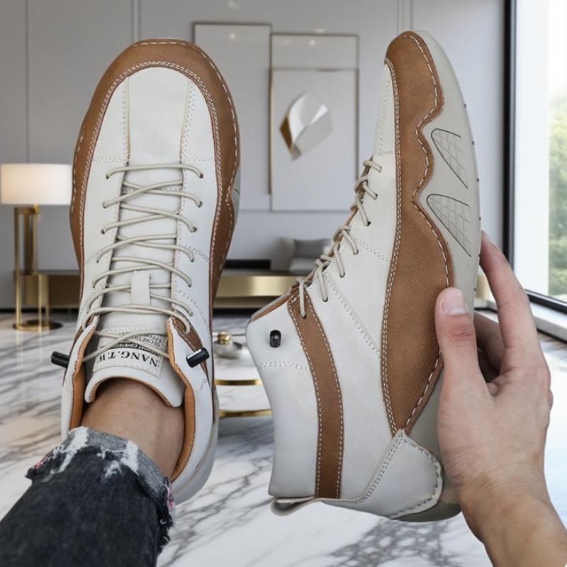 Men's Ankle High Leather Driving Shoes Bold Color Block Comfy Stylish Flat Shoes Ankle Suppor Two Tone High Top Casual Sneakers