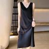 2025 Women's Long Satin Sleeveless Summer Dress - Over the Knee, Solid Color, Large Size