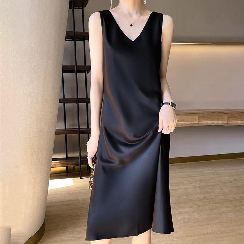 2025 Women's Long Satin Sleeveless Summer Dress - Over the Knee, Solid Color, Large Size