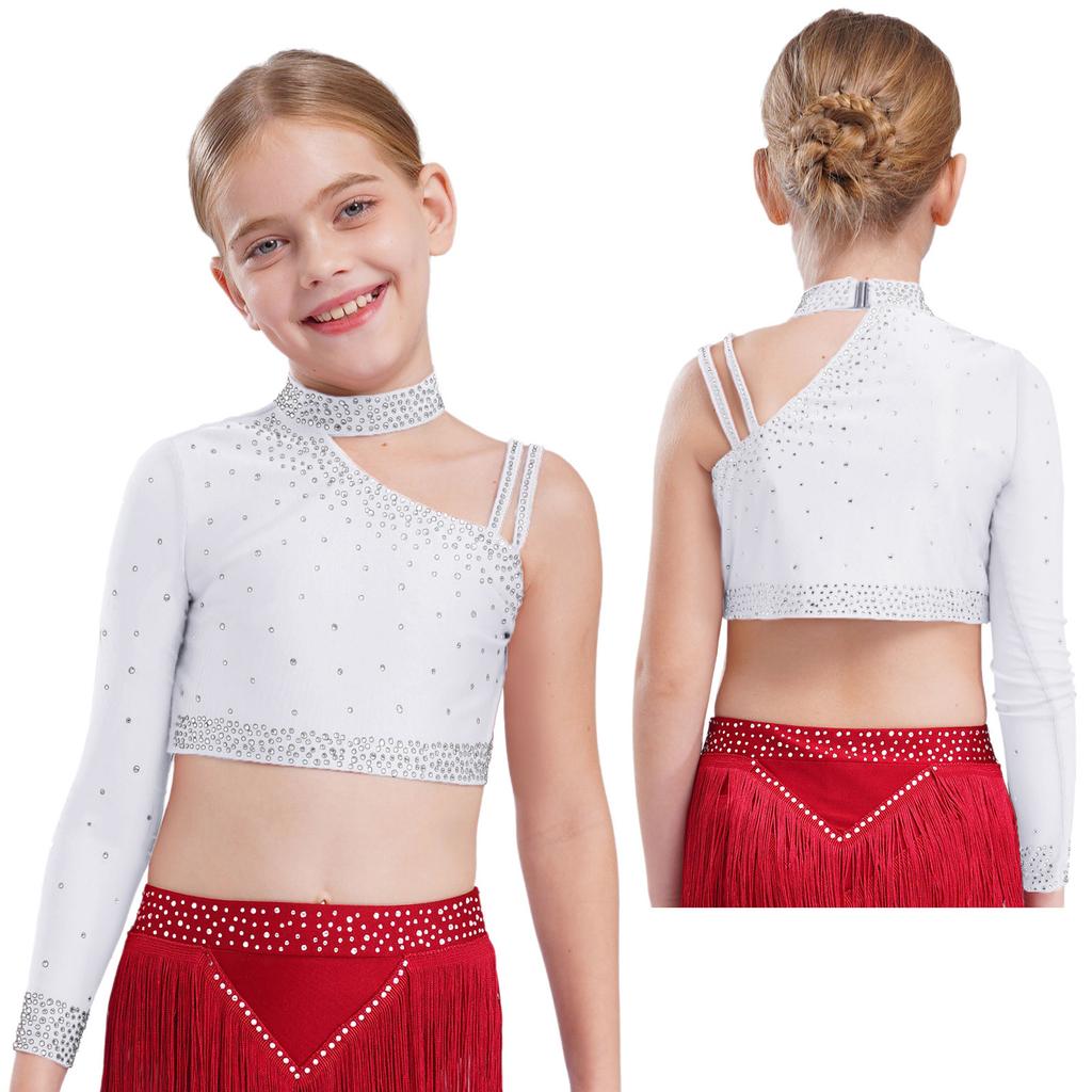 Kinder Mädchen Tanzoberteil Funkelnde Strasssteine Crop Top, Einzigartiges unregelmäßiges Schulterdesign für Bühnenauftritte & Tanzwettbewerbe